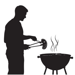 Silhouette of a Man Grilling a Sausage Over a BBQ