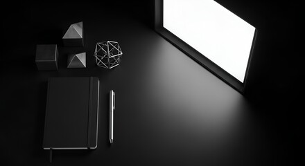 Elegant Still Life of Geometric Shapes, Notebook, and Pen on Dark Background