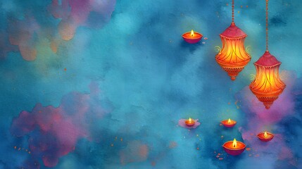 diwali lanterns glowing over watercolor background with floating diyas
