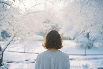 Woman standing in snowy park with soft winter light in the city