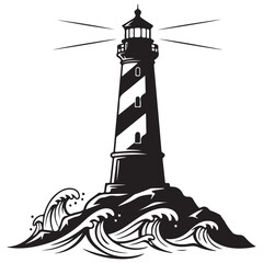 Striped Lighthouse on a Rocky Base with Crashing Waves and Light Beams