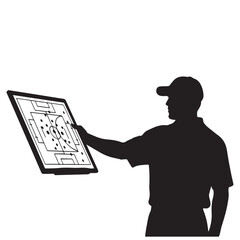 Professional Sports Coach Silhouette Analyzing Game Strategy on Tactical Board