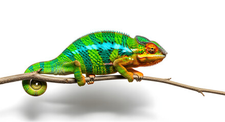Naklejka premium Vibrant Chameleon Reptile Perched on Branch Isolated White Background