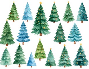 Collection of watercolor-style illustrations featuring various Christmas tree designs