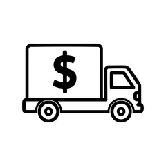 Vector art of delivery truck with a dollar sign on its side, representing shipping costs, logistics, freight, and transportation expenses