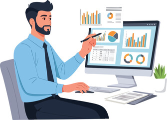 Man analyzing data on computer screen with charts and graphs.