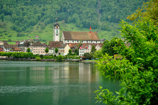 View across Lake Zug of Arth village, Schwyz, Switzerland