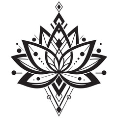 Stylized Lotus Flower with Geometric Accents in Black and White