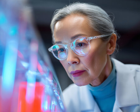 A scientist in a lab coat and safety glasses examines something with great interest, as she looks through the glass of her petri dish