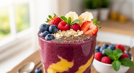 Smoothie bowl topped with berries seeds oats banana and mint in front of a window