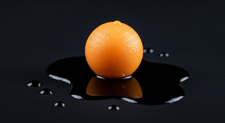 A single bright orange kumquat fruit rests on a dark wet surface with small water droplets scattered around