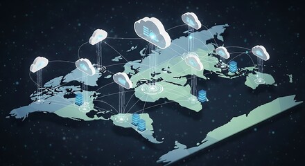 Global Cloud Computing Network with World Map and Connected Data Centers.