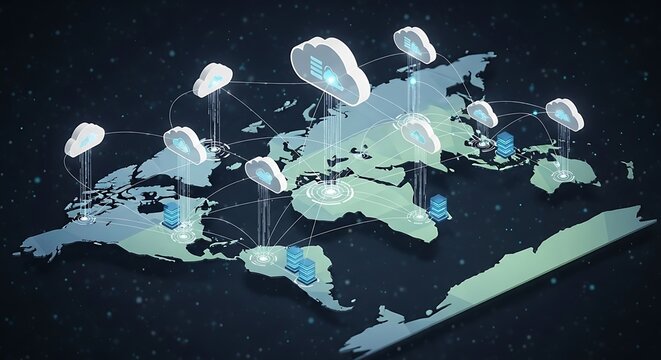 Global Cloud Computing Network with World Map and Connected Data Centers.