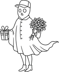 Cartoon ghost character, spooky Halloween design, playful ghost with gift, eerie costume art, funny haunted figure, whimsical spirit, festive illustration
