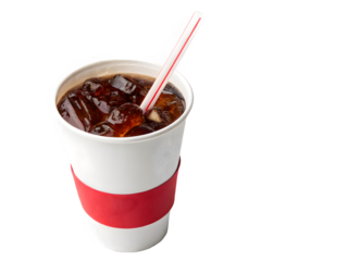 Refreshing cold beverage with ice and straw in a disposable cup
