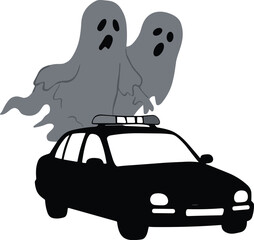 Cartoon police car illustration, spooky ghost drawing, paranormal artwork design, haunted vehicle sketch, fantasy concept art, supernatural cartoon style © Mst