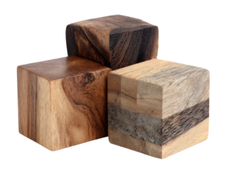 Three wooden cubes, varying shades of brown and light wood, arranged in a triangular formation