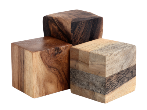 Three wooden cubes, varying shades of brown and light wood, arranged in a triangular formation