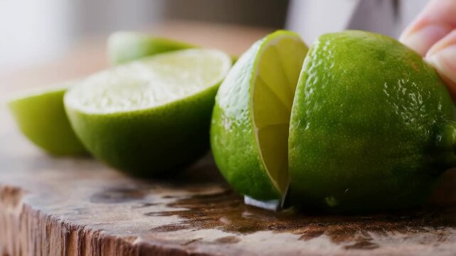 Slicing fresh limes on a wooden cutting board