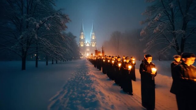 Candlelit procession through snowy park towards illuminated cathedral at dusk