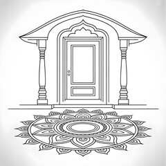 Fototapeta premium Traditional Indian Archway and Door with Festive Rangoli Design - Elegant Outline Contour Drawing for Cultural Celebrations and Decor