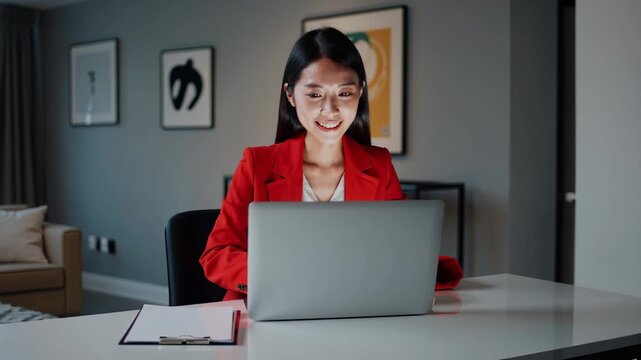 A woman in a red jacket uses a laptop, focusing on the laptop screen. The woman and her red jacket add color to the professional office setting.