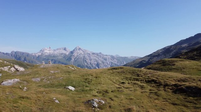 Drone fly over Splugen Pass at Italy Switzerland border