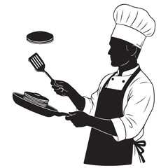 Professional Chef Flipping Pancakes with Frying Pan Silhouette