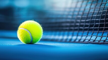 Bright tennis ball sitting on vibrant blue court next to dark net