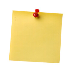 Yellow sticky note with red push pin isolated on transparent background for message