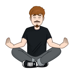 Junger Mann sitzt im Schneidersitz am Boden und meditiert zur Stressbewältigung Vektorillustration
