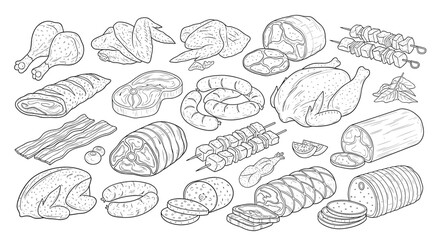 A diverse collection of raw meat and poultry dishes displayed in a line.