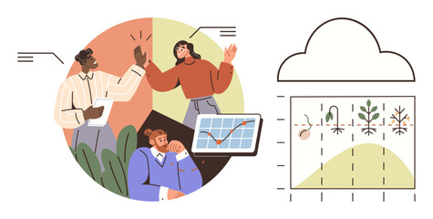 Diverse group discussing growth strategies, with charts and data insights connecting to cloud-based eco-monitoring. Ideal for teamwork, analysis, growth, sustainability, tech, innovation, simple flat