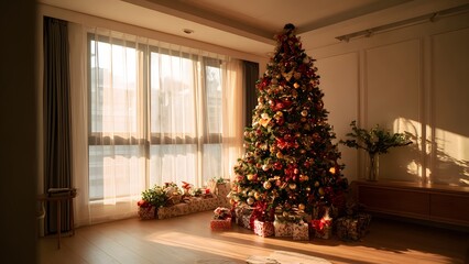 Woman in red dress celebrating Christmas with festive lights