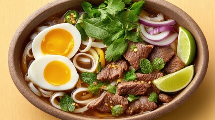 Bowl of Pho Soup: Vietnamese Cuisine with Beef, Noodles and Herbs