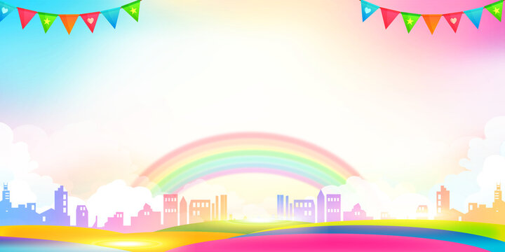 Vibrant children's party background featuring a cheerful rainbow over a colorful city skyline, perfect for birthday invitations, playful website headers, and joyful event announcements