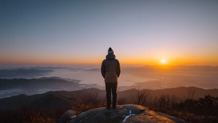 Person watching sunrise over mountain from rocky peak