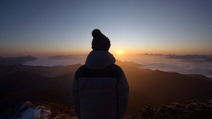 Back view of person in winter coat facing sunrise in mountains