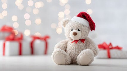 Cute teddy bear in Santa hat with festive background and gifts
