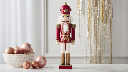 Nutcracker figure with rose gold ornaments on white table