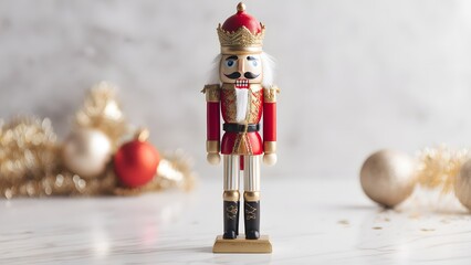 Traditional nutcracker figure with gold holiday decor