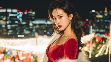 Woman in red dress with white fur scarf standing by city lights