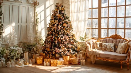 Bright living room with decorated Christmas tree and gifts