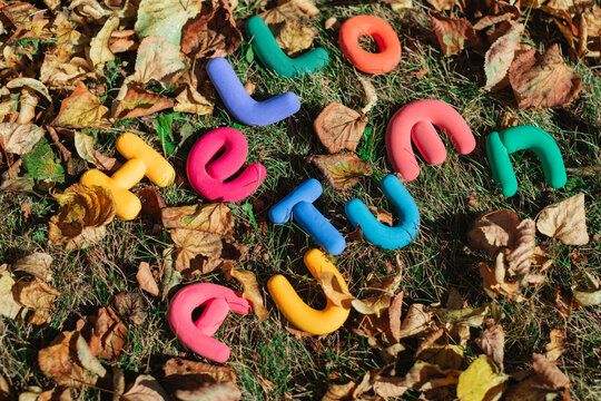 Hello Autumn message made from multi coloured clay letters amongst autumn leaves on a lawn