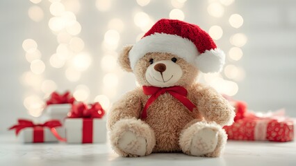 Teddy bear in Santa hat with wrapped Christmas gifts and lights