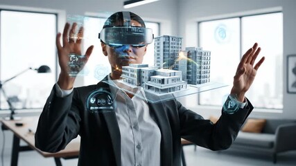 Woman architect designing a smart city in virtual reality. Futuristic building information modeling and augmented reality development footage. - Powered by Adobe