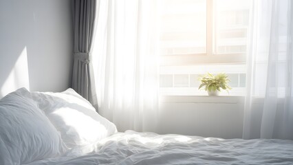 Minimal white bedroom with sheer curtains and sunlight