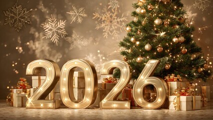 Glowing 2026 numbers with Christmas tree and snowflake decor
