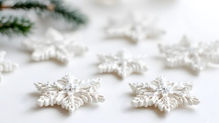 White snowflake ornaments on soft surface with pine branch