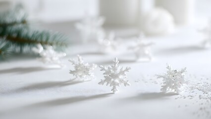 Snowflakes and pine branches on white winter background